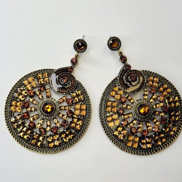 Amber Brown Rhinestone Circular Statement Earrings - Picture 1 of 7